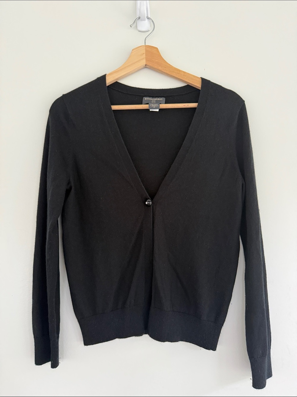 Banana Republic Petite Black Single-Button Cardigan, Silk and Rabbit Fur, MP